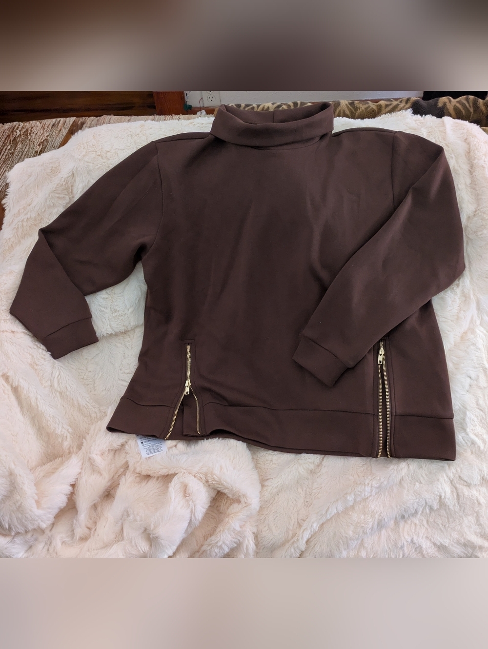 Brown Funnel Neck Sweatshirt with Side Zippers